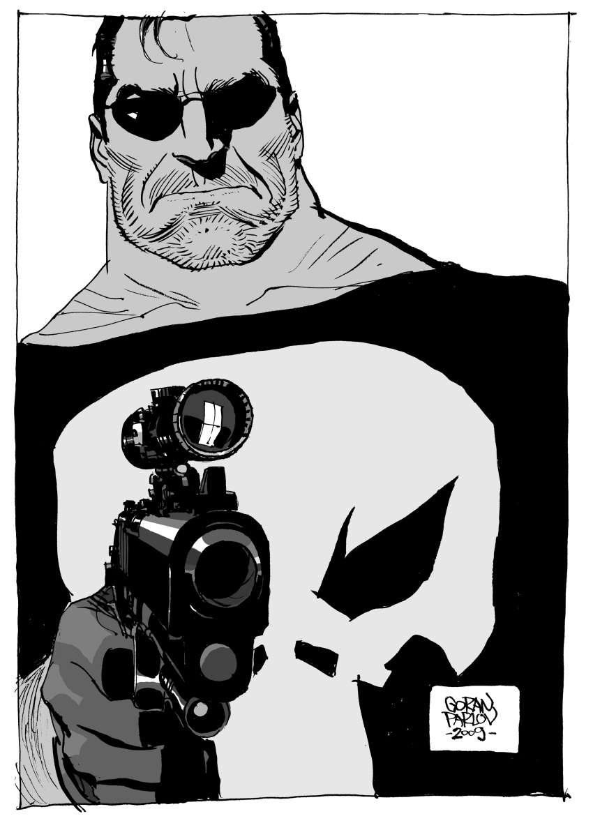 1boy, absurdres, beard, beard_stubble, facial_hair, finger_on_trigger, frank_castle, goran_parlov