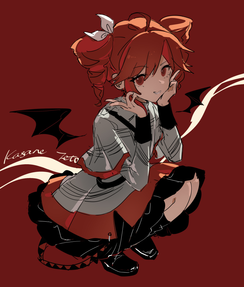 1girl, absurdres, bat_wings, commentary_request, drill_hair, highres, kasane_teto, kasane_teto_(sv), red_hair, synthesizer_v, tenosynovitis, tetoris_(synthesizer_v), twin_drills, utau, wings