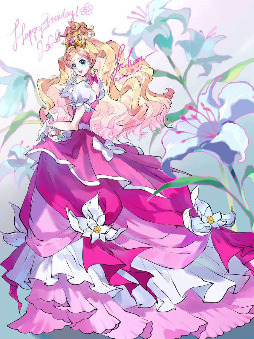 1girl, 2026, absurdres, aqua_eyes, blonde_hair, bow, bow_choker, chinese_commentary, choker, colored_tips, commentary_request, cure_flora, cure_flora_(mode_elegant_lily), dated, dress, dress_bow, dress_flower, earrings, english_text, eyelashes, floral_background, flower, flower_choker, flower_earrings, frilled_dress, frilled_gloves, frilled_sleeves, frills, full_body, gloves, go!_princess_precure, gold_tiara, gown, gradient_background, grey_background, hair_bun, hand_on_own_chest, happy, happy_birthday, haruno_haruka, highres, holding_own_dress, inhan, jewelry, lily_(flower), long_dress, long_hair, magical_girl, multicolored_hair, open_mouth, pink_bow, pink_dress, pink_hair, precure, puffy_short_sleeves, puffy_sleeves, short_sleeves, signature, single_hair_bun, smile, solo, square_neckline, standing, streaked_hair, tareme, two-tone_background, two-tone_hair, very_long_hair, wavy_hair, white_background, white_flower, white_gloves, white_sleeves