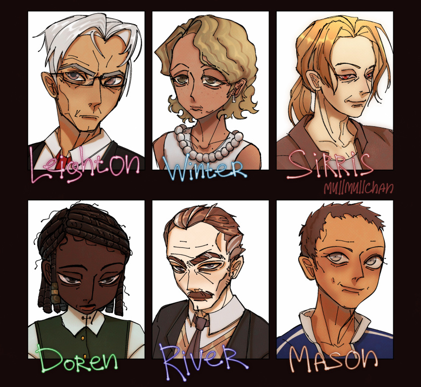 2girls, 4boys, black-framed_eyewear, blonde_hair, brown_hair, character_name, commentary, dark-skinned_female, dark_skin, degrees_of_lewdity, doren_(degrees_of_lewdity), doren_(female)_(degrees_of_lewdity), dreadlocks, earrings, english_commentary, facial_hair, glasses, grey_hair, hair_ornament, highres, jewelry, leighton_(degrees_of_lewdity), leighton_(male)_(degrees_of_lewdity), mason_(degrees_of_lewdity), mason_(male)_(degrees_of_lewdity), mullmullchan, multiple_boys, multiple_girls, mustache, necklace, necktie, pearl_necklace, red_eyes, red_necktie, river_(degrees_of_lewdity), river_(male)_(degrees_of_lewdity), sirris_(degrees_of_lewdity), sirris_(male)_(degrees_of_lewdity), white_hair, winter_(degrees_of_lewdity), winter_(female)_(degrees_of_lewdity)