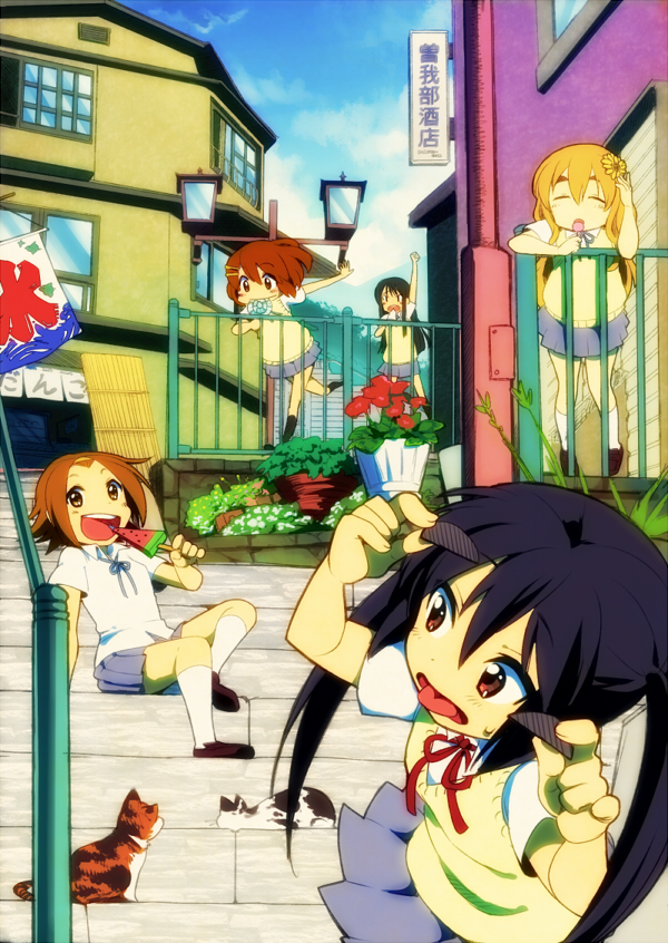 akiyama_mio, candy, cat, hirasawa_yui, k-on!, kotobuki_tsumugi, lollipop, moc, multiple_girls, nakano_azusa, popsicle, school_uniform, stairs, suika_bar, tainaka_ritsu, watermelon_bar