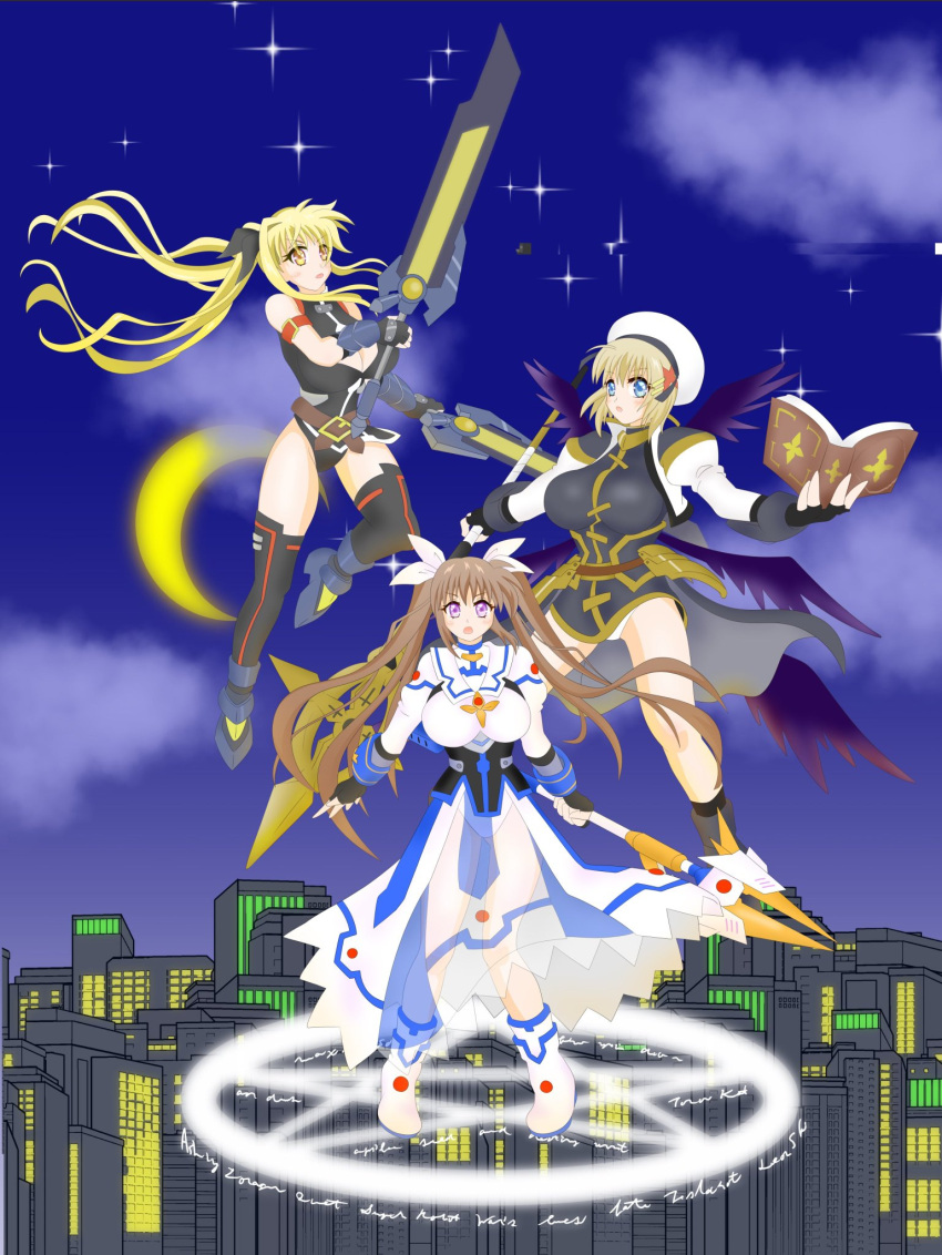3girls, arondight_nya, bardiche_(nanoha), black_wings, blonde_hair, blue_eyes, bob_cut, book
