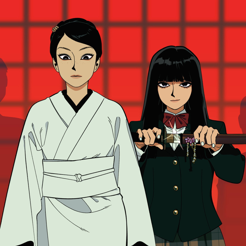 2girls, :|, age_difference, belt, black_eyes, black_hair, black_jacket, blazer