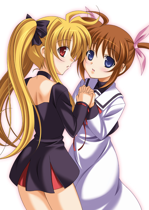 bad_id, blonde, blonde_hair, blue_eyes, blush, brown_hair, choker, fate_testarossa
