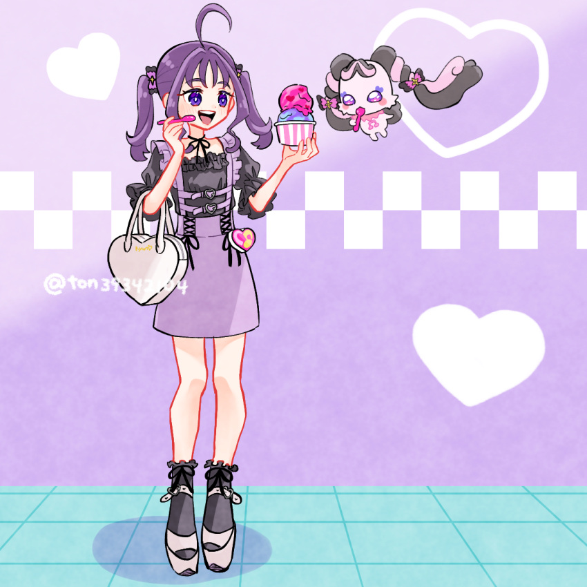 1girl, ahoge, bag, black_ribbon, black_shirt, black_socks, carrying, commentary