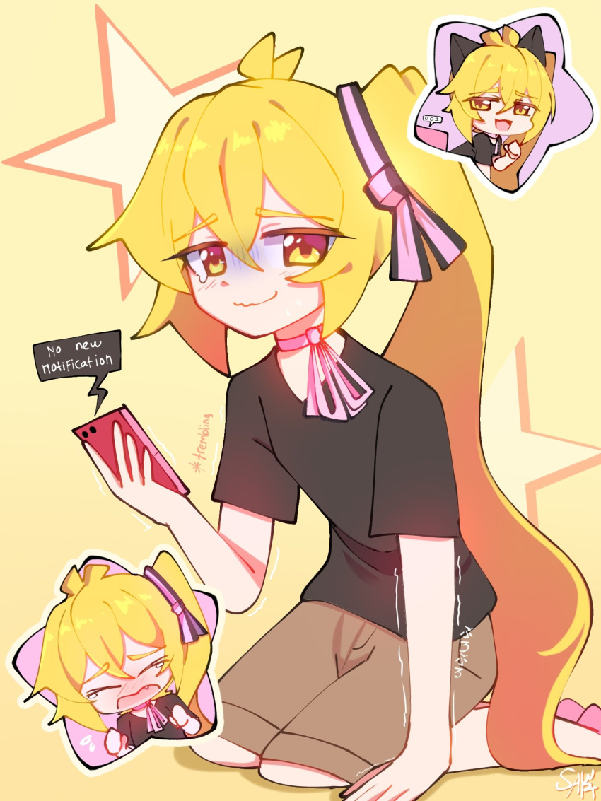 >_<, 1girl, :3, ahoge, akita_neru, animal_ears, black_shirt, blonde_hair