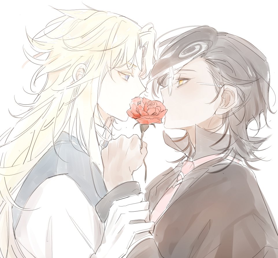 2boys, blonde_hair, blue_eyes, brown_eyes, brown_hair, cookie_run, cookie_run:_kingdom, dark-skinned_male, dark_skin, espresso_cookie, flower, formal_clothes, gloves, happy_nru, implied_yaoi, long_sleeves, looking_at_another, madeleine_cookie, male_focus, multicolored_hair, multiple_boys, necktie, red_flower, red_rose, rose, short_hair, simple_background, sketch, suit, two-tone_hair, wavy_hair, white_background, white_gloves, white_hair, yellow_eyes