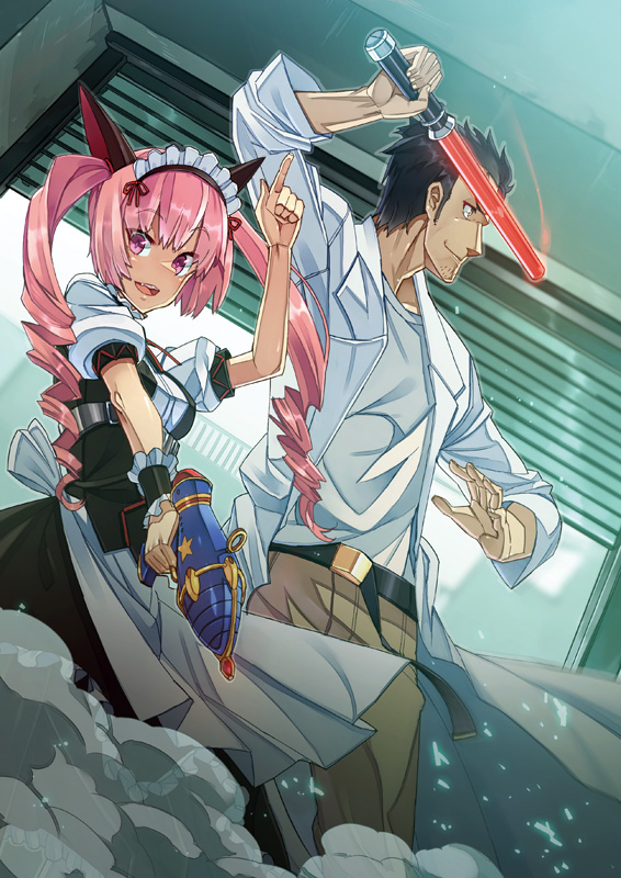 apron, belt, black_hair, cat_ears, curly_hair, drill_hair, duo, energy_sword