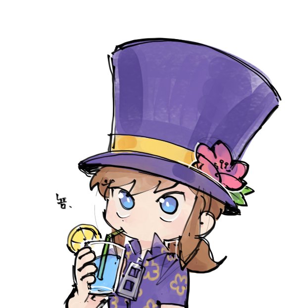 1girl, a_hat_in_time, bad_id, bad_twitter_id, blue_eyes, brown_hair, collared_shirt, cup