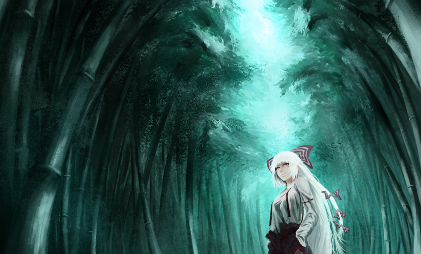 akaikitsune, aqua_eyes, bad_id, bamboo, bamboo_forest, bow, branches, forest