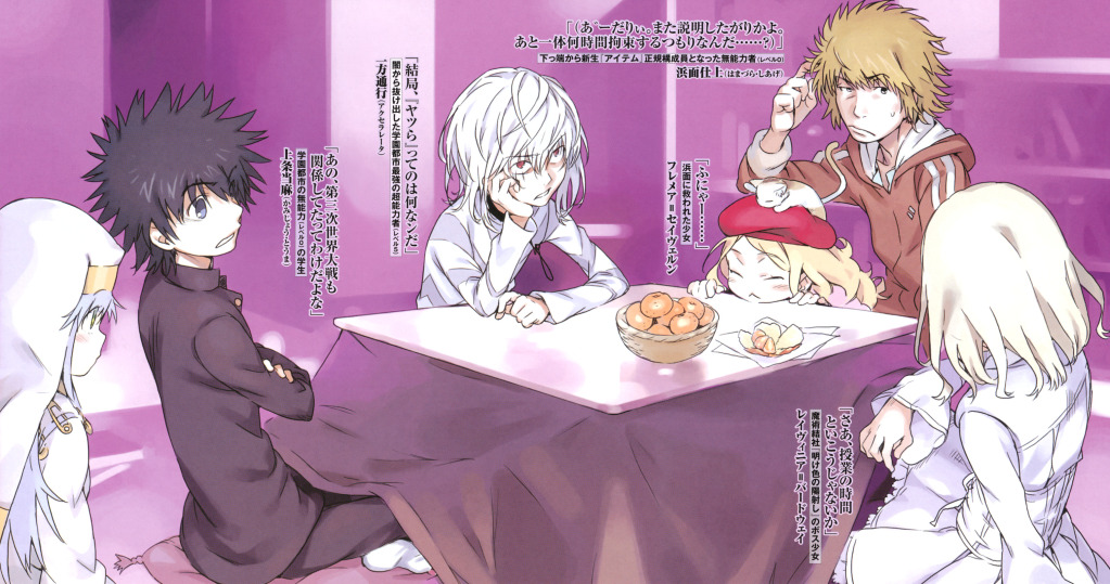 3girls, accelerator, albino, beret, black_hair, blonde_hair, blue_eyes, blush, cat, choker, closed_eyes, dress, eyes_closed, food, fremea_seivelun, green_eyes, habit, haimura_kiyotaka, hamazura_shiage, hat, index, kamijou_touma, kotatsu, leivinia_bardway, long_hair, moe, multiple_girls, nun, official_art, red_eyes, safety_pin, school_uniform, short_hair, silver_hair, smile, spiked_hair, spiky_hair, table, to_aru_majutsu_no_index, to_aru_majutsu_no_index:_new_testament, translation_request