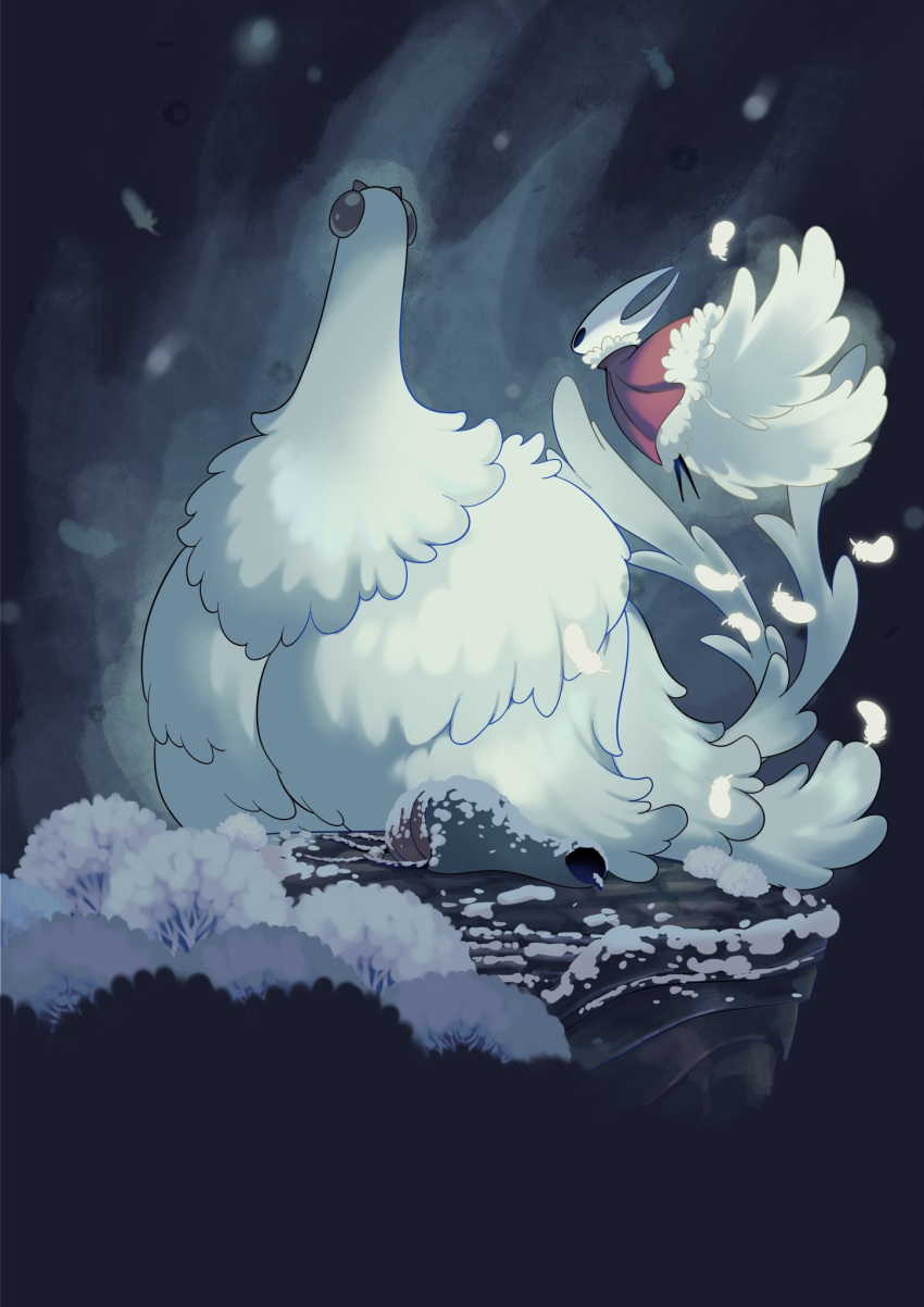 bird, black_eyes, cliff, cloak, fayforn_(hollow_knight), feathers, from_behind, full_body, hhi_hebi, highres, hollow_knight, hollow_knight:_silksong, hood, hooded_cloak, horned_mask, hornet_(hollow_knight), horns, mask, multiple_tails, pinstress_(hollow_knight), red_cloak, sitting, snow, tail, white_feathers, white_fur, white_mask, wings