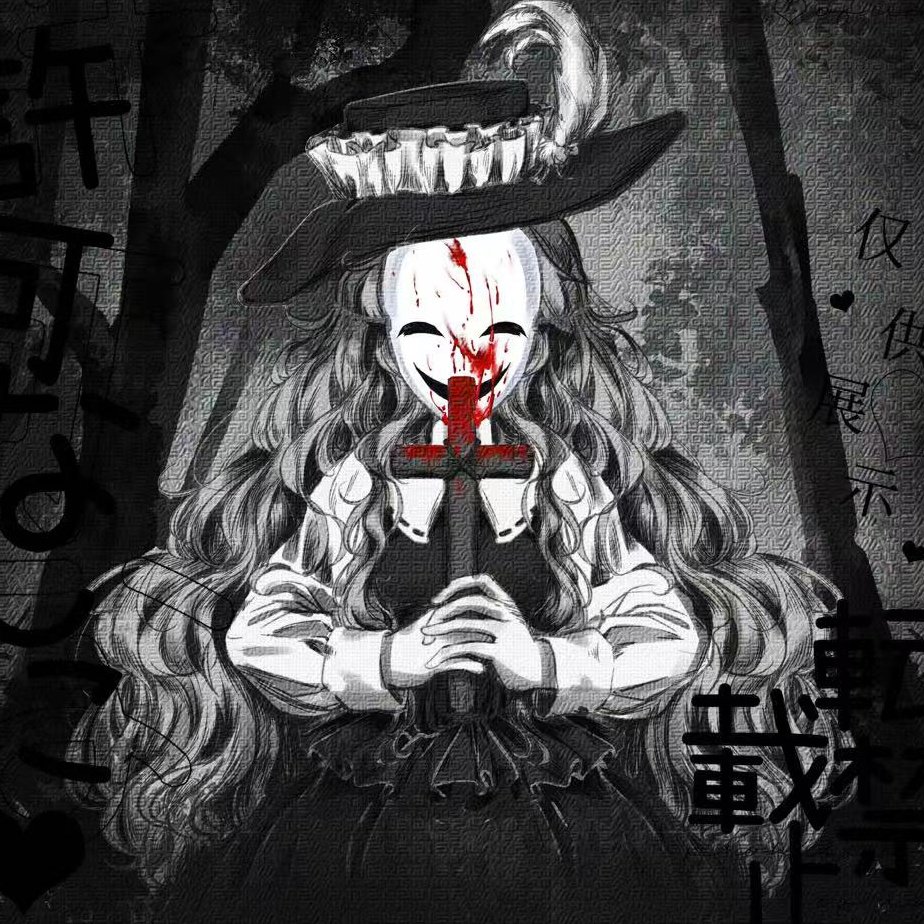 1girl, blood_on_mask, commentary_request, cross, dolls_in_pseudo_paradise, greyscale, hat, hat_feather, holding, holding_cross, interlocked_fingers, jacket_girl_(dipp), kaogumaster, long_hair, long_sleeves, looking_at_viewer, monochrome, own_hands_together, shirt, skirt, solo, spot_color, touhou, very_long_hair, vest