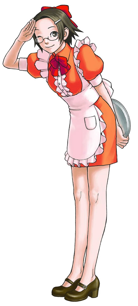 apron, bow, brown_hair, glasses, gyakuten_saiban, hair_bow, legs, mary_janes