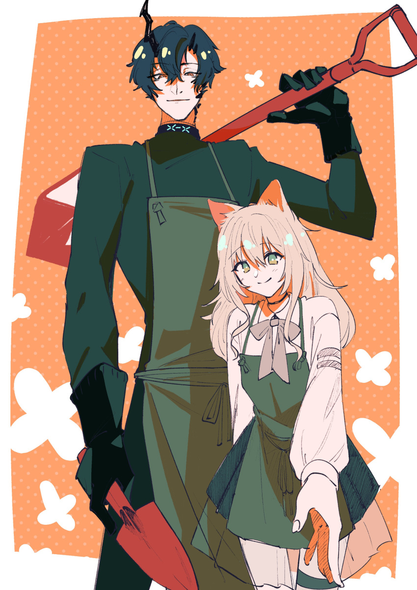 1boy, 1girl, absurdres, animal_ears, apron, arknights, black_hair, blonde_hair