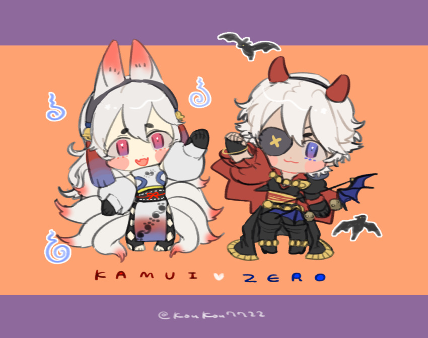 1boy, 1girl, alternate_costume, breasts, character_name, commentary_request, couple, demon_costume