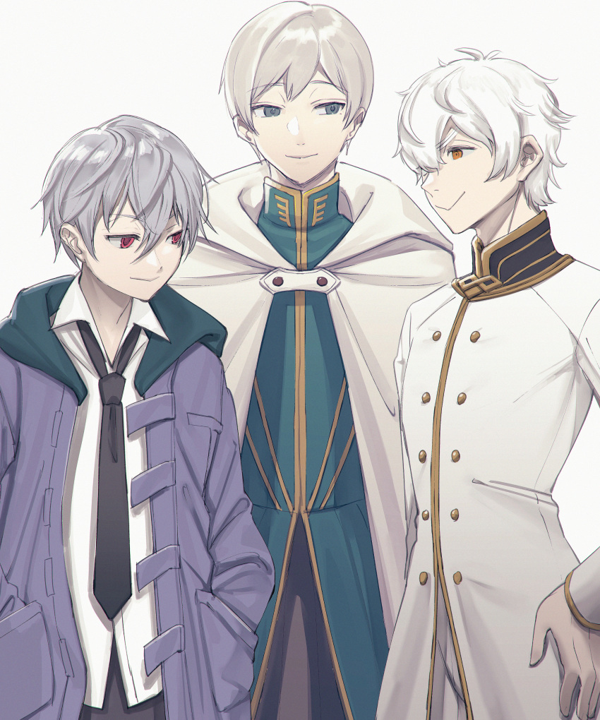 3boys, :>, absurdres, black_necktie, character_request, closed_mouth, coat, collared_shirt