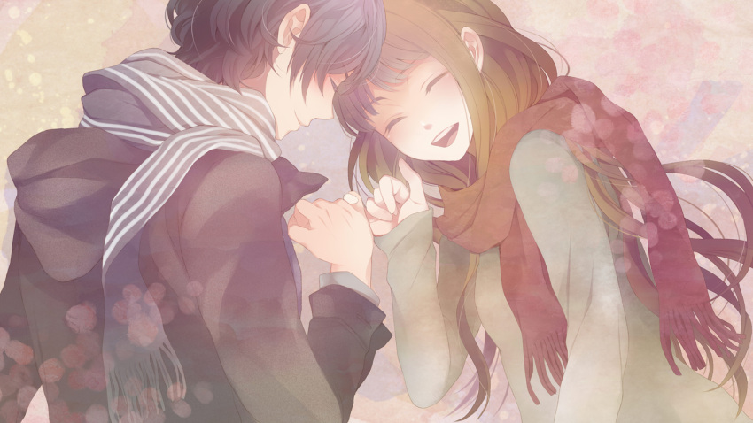 blue_hair, brown_hair, closed_eyes, couple, eyes_closed, long_hair, macco, open_mouth, original, pinky_swear, sayoko, sayonara_memories, scarf, short_hair, smile