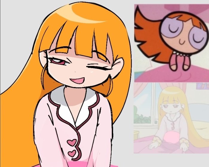1girl, akazutsumi_momoko, blossom_(ppg), buttercup_redraw_challenge_(meme), closed_eyes, english_commentary, long_sleeves, meme