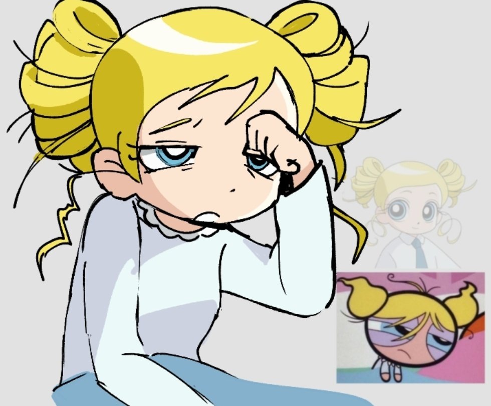 1girl, blonde_hair, blossom_(ppg), blue_eyes, blue_necktie, blue_pajamas, bubbles_(ppg), buttercup_redraw_challenge_(meme)