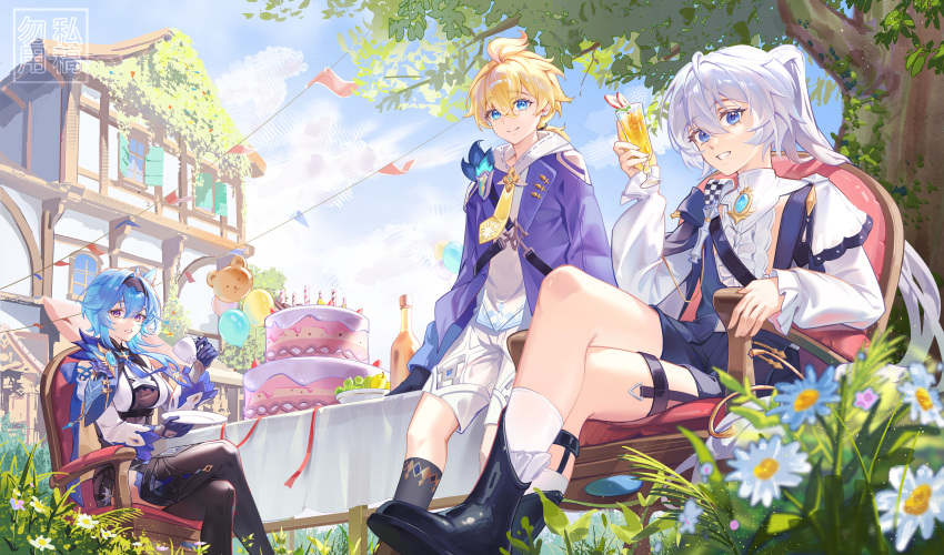 1girl, 2boys, absurdres, animal-shaped_balloon, balloon, black_gloves, black_shoes, black_shorts