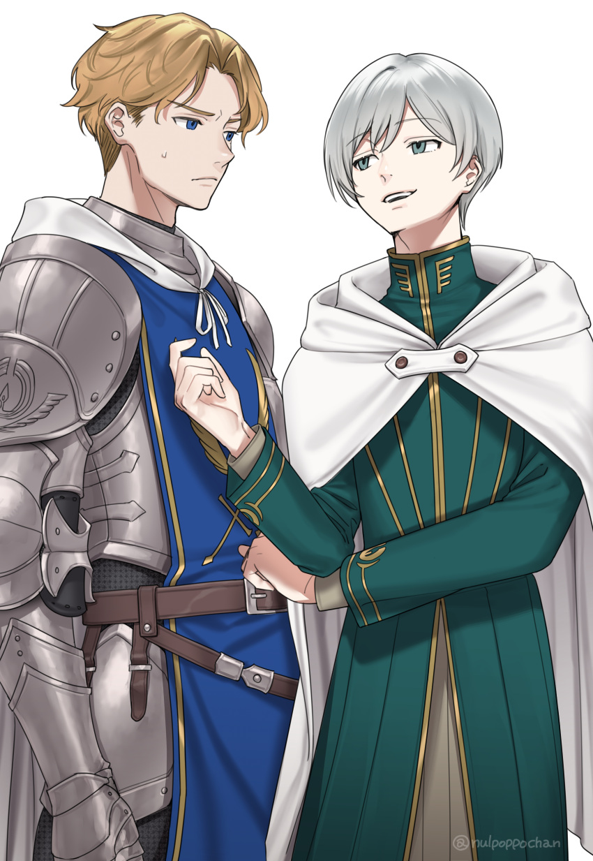 2boys, absurdres, armor, artist_name, belt, blonde_hair, blue_eyes, cape