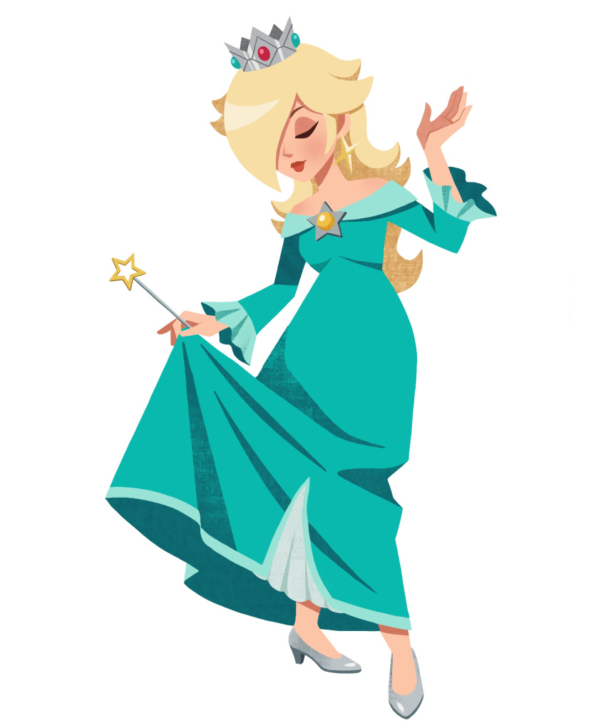 1girl, absurdres, aqua_dress, blonde_hair, brooch, closed_eyes, closed_mouth, clothes_lift, commentary, crown, dress, earrings, echopearl, english_commentary, frilled_sleeves, frills, full_body, hair_over_one_eye, hand_up, high_heels, highres, holding, holding_wand, jewelry, long_dress, long_sleeves, off-shoulder_dress, off_shoulder, pigeon-toed, red_lips, rosalina, shoes, silver_crown, silver_shoes, simple_background, skirt, skirt_lift, standing, star_(symbol), star_brooch, star_earrings, star_wand, super_mario_bros., the_super_mario_galaxy_movie, wand, white_background