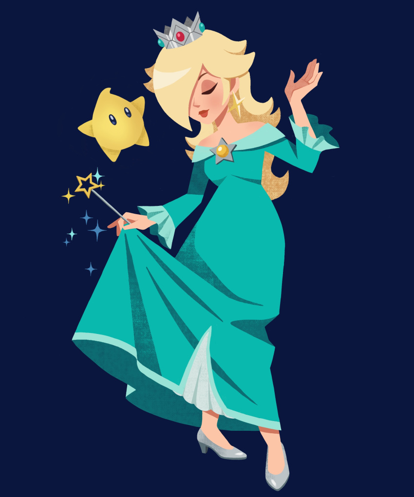 1girl, absurdres, aqua_dress, blonde_hair, blue_background, brooch, closed_eyes, closed_mouth