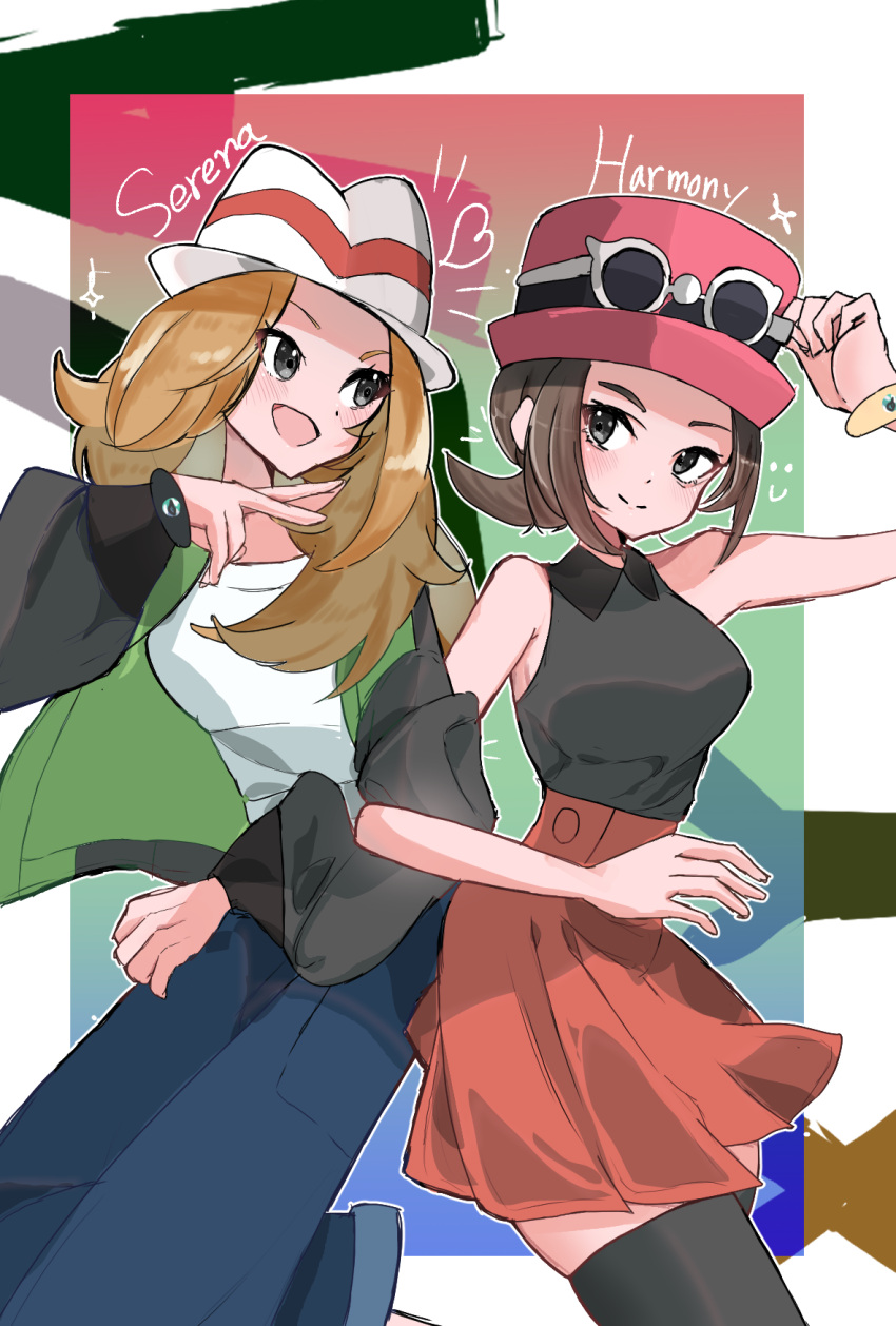 2girls, aya_souki, black_shirt, black_thighhighs, blonde_hair, blue_pants, bracelet, brown_hair