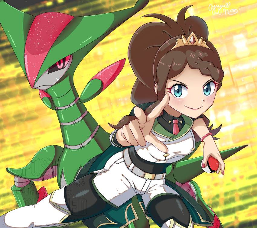 1girl, absurdres, animal_ears, ayuyu_lament, black_bodysuit, black_sclera, blush, bodysuit, bodysuit_under_clothes, bracelet, brown_hair, closed_mouth, colored_sclera, commentary_request, eyelashes, fingernails, highres, hilda_(champion)_(pokemon), hilda_(pokemon), holding, holding_poke_ball, iron_leaves, jacket, jewelry, long_hair, nail_polish, necktie, non-humanoid_robot, official_alternate_costume, pink_eyes, pink_nails, pink_necktie, poke_ball, poke_ball_(basic), pokemon, pokemon_(creature), pokemon_masters_ex, ponytail, robot, robot_animal, shorts, signature, smile, tiara, v-shaped_eyebrows, white_jacket, white_shorts, yellow_background