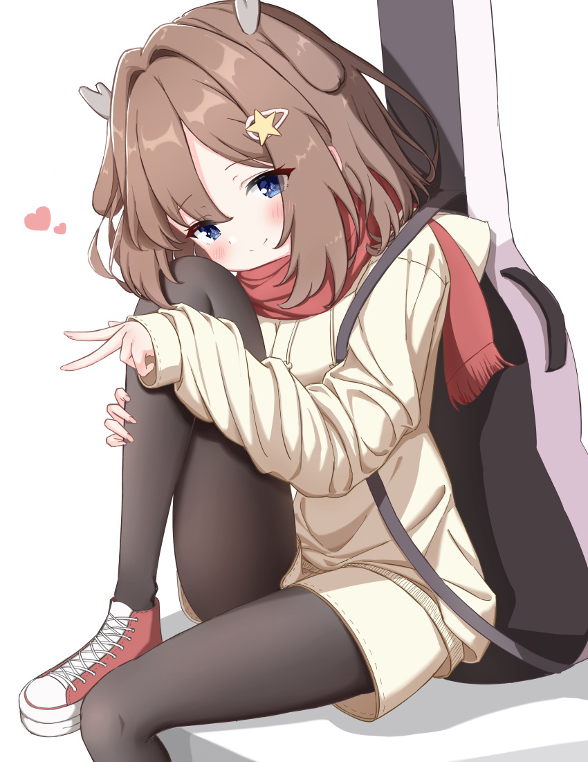 1girl, absurdres, antlers, black_pantyhose, blue_eyes, blush, brown_hair, commentary_request