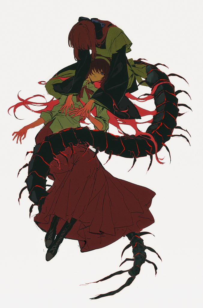 2girls, apron, black_kimono, blue_bow, bow, centipede_tail, commentary, frills