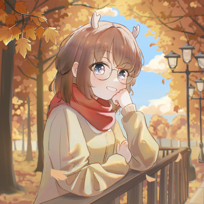 1girl, antlers, autumn, autumn_leaves, blue_eyes, blush, brown_hair, clouds