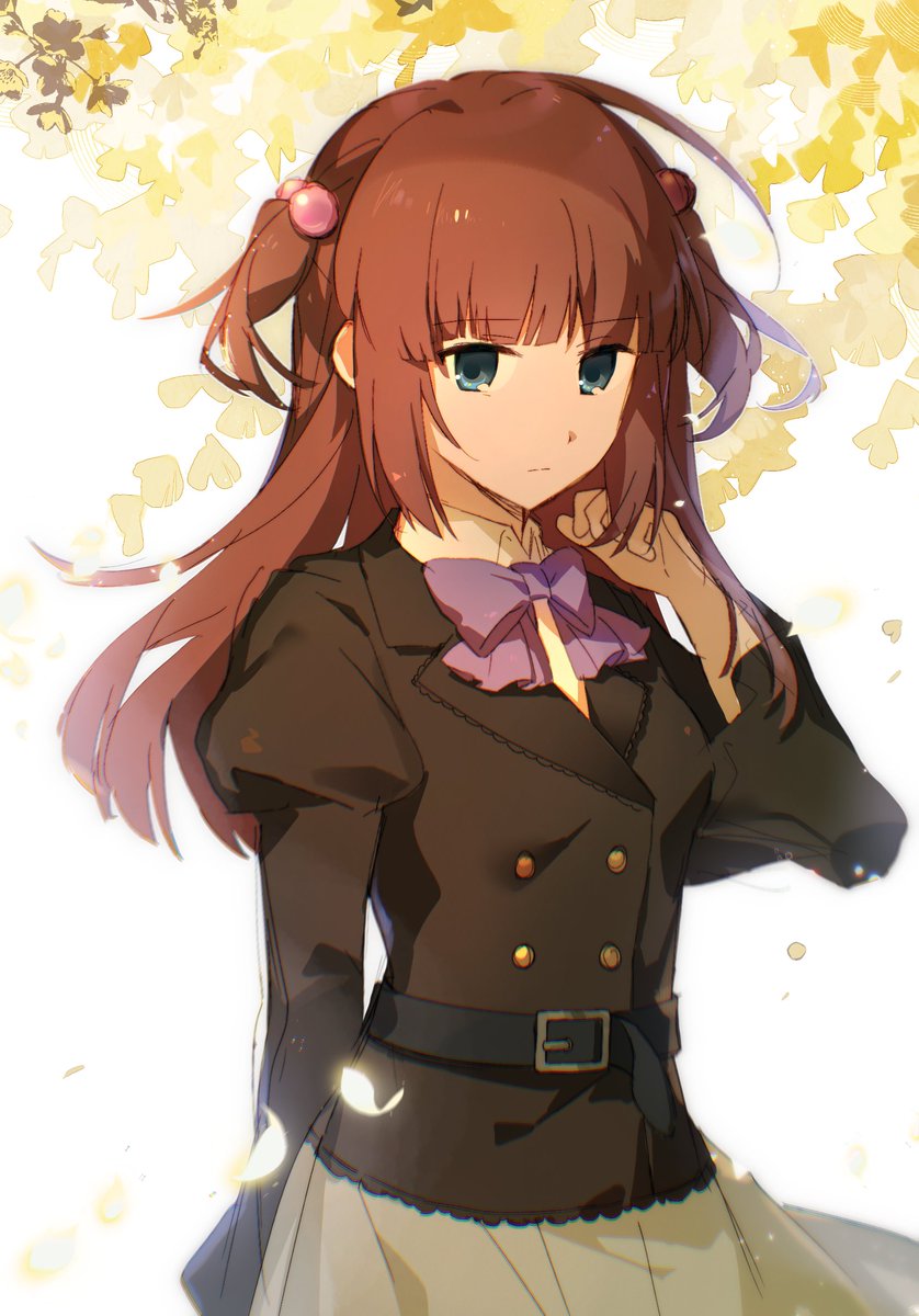 1girl, ameko0617, belt, black_shirt, blue_eyes, bow, closed_mouth, flower