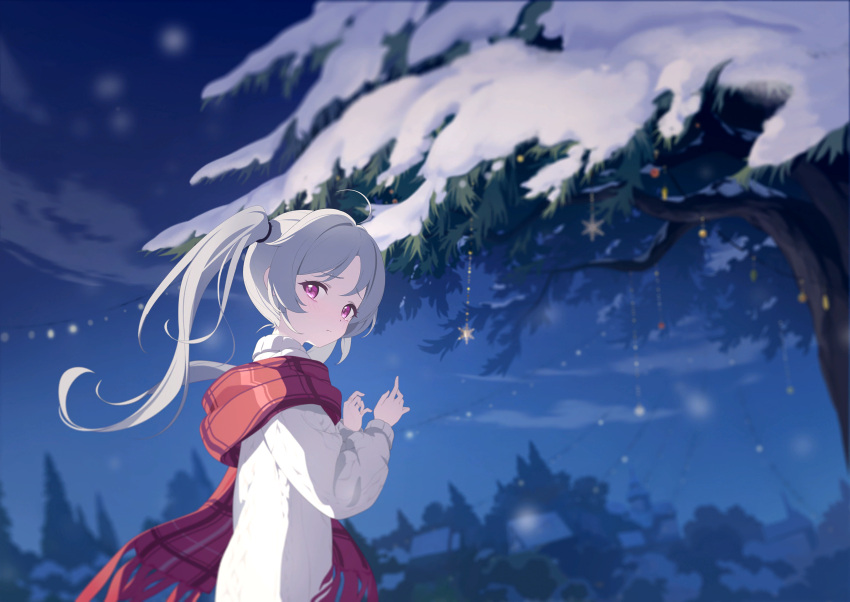 1girl, grey_hair, highres, knit_sweater, laru_(snowish)_(stella_sora), laru_(stella_sora), long_hair, looking_at_viewer
