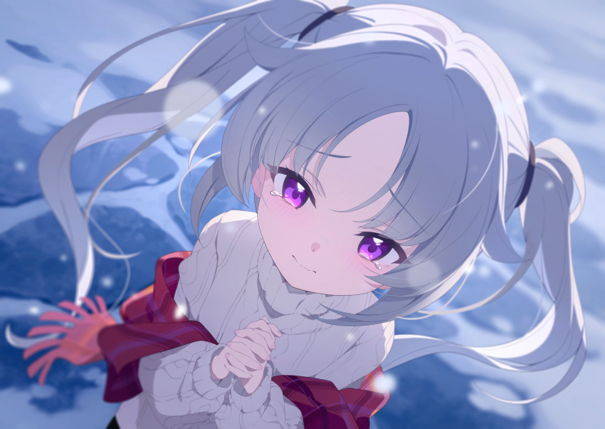 1girl, grey_hair, highres, knit_sweater, laru_(snowish)_(stella_sora), laru_(stella_sora), long_hair, looking_at_viewer