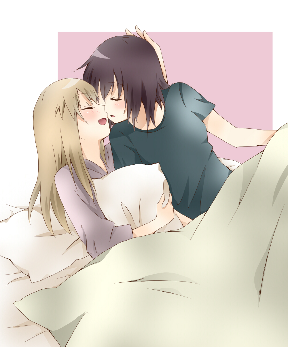 almost_kiss, bad_id, bed_sheet, black_hair, blonde_hair, blush, closed_eyes, eyes_closed