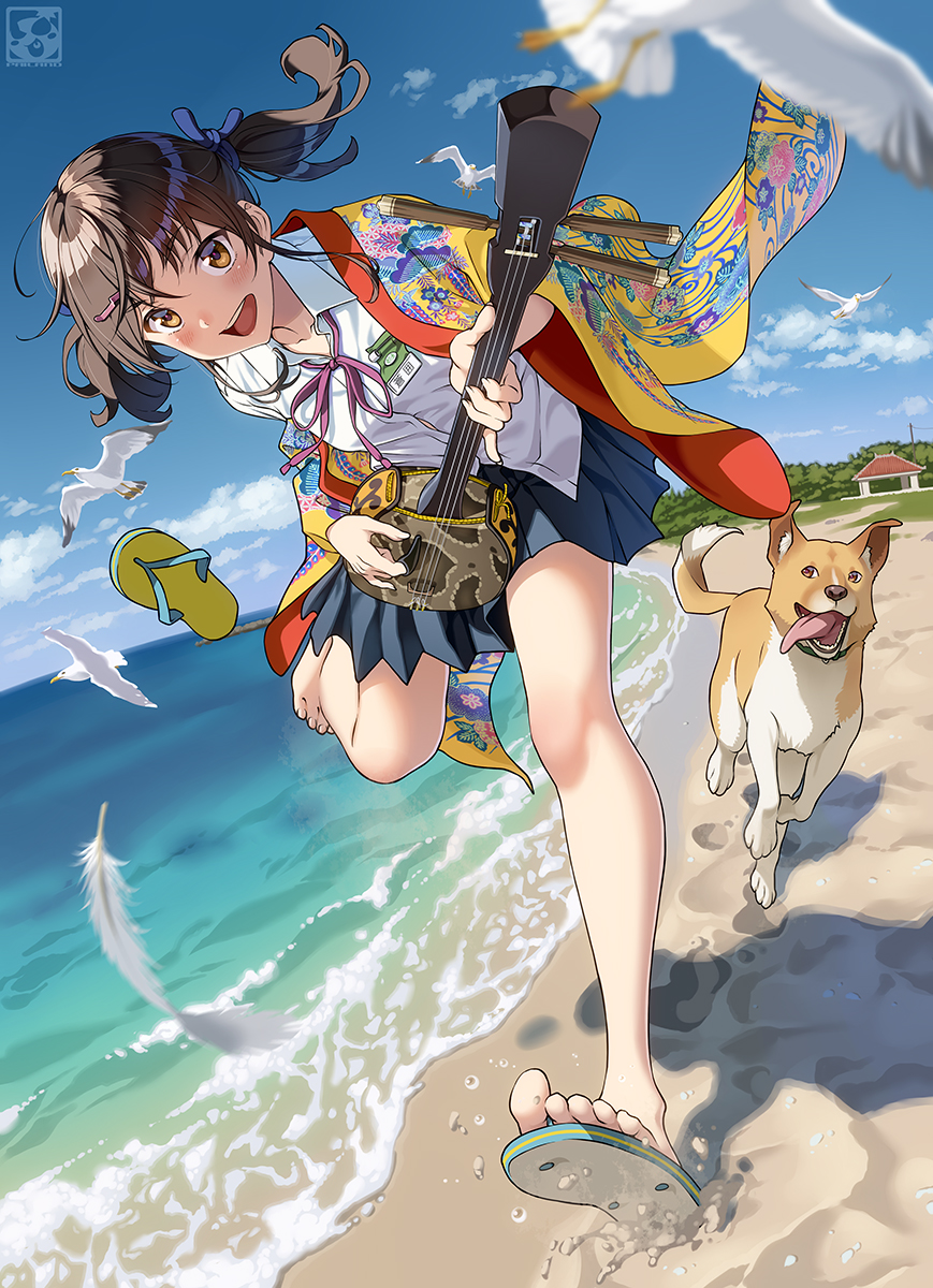 1girl, aoi_sora_(pairan), artist_logo, bare_legs, beach, bingata, bird, black_hair