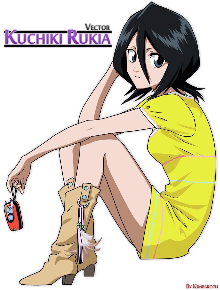 absurdres, black_hair, bleach, blue_eyes, boots, cellphone, cowboy_boots, dress