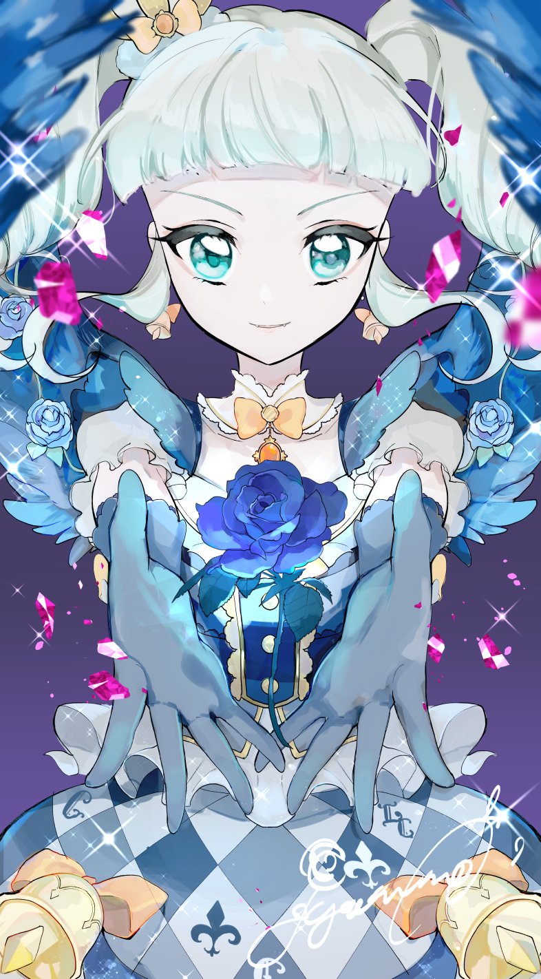 1girl, aikatsu!, aikatsu!_(series), bell, blonde_hair, blue_dress, blue_flower, blue_rose