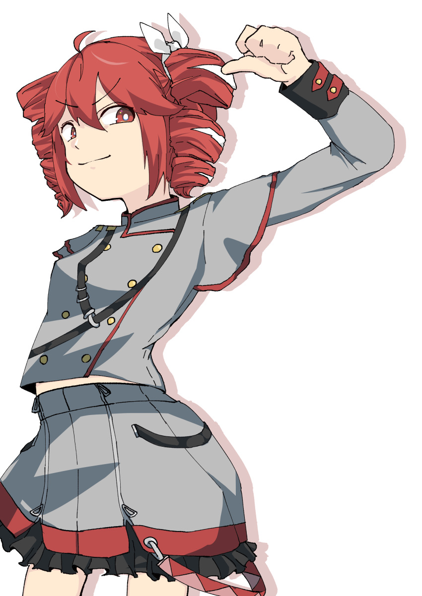 >:), 1girl, absurdres, ahoge, arched_back, arm_up, belt, bright_pupils