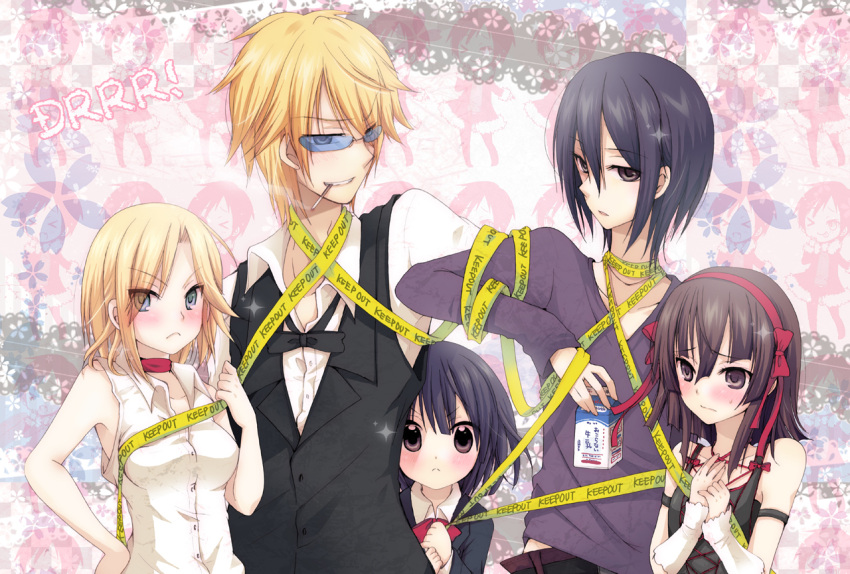awakusu_akane, black_hair, blonde_hair, blue_eyes, bowtie, brown_eyes, cigarette, durarara!!, heiwajima_kasuka, heiwajima_shizuo, hijiribe_ruri, ryouta_(gyarando), school_uniform, short_hair, smile, sparkle, sunglasses, vest, vorona