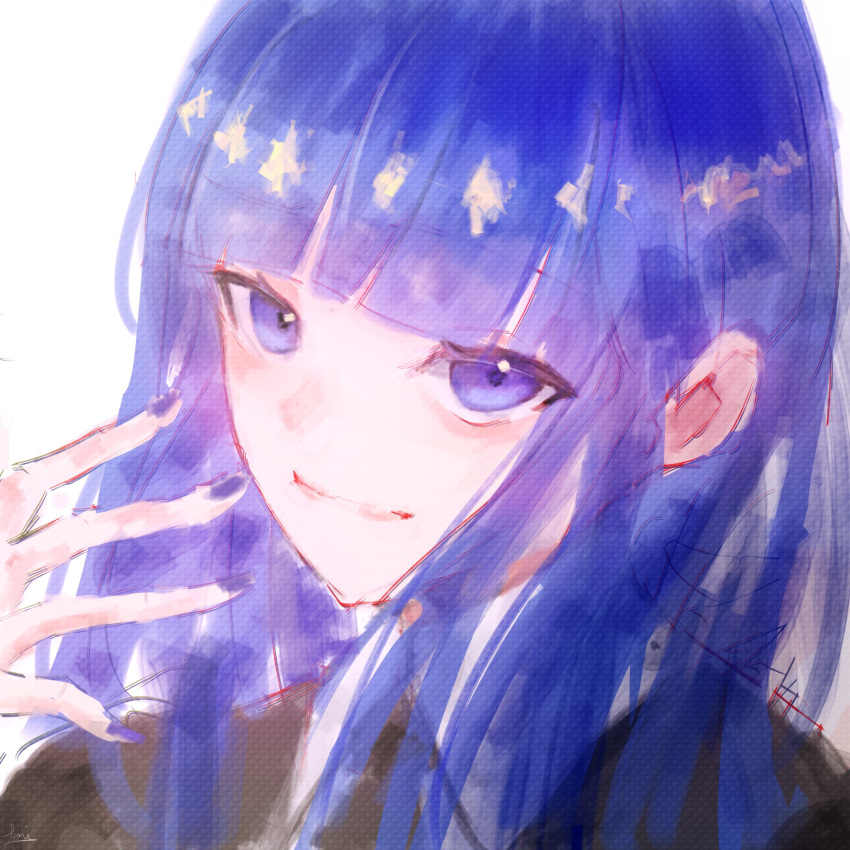 1other, blue_eyes, blue_hair, blue_nails, blunt_bangs, closed_mouth, gem_uniform_(houseki_no_kuni), highres