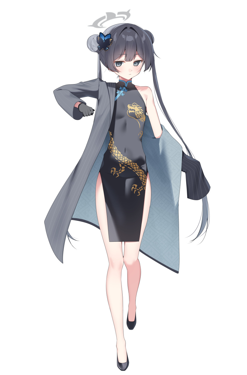 1girl, absurdres, black_gloves, black_hair, black_shoes, blue_archive, braid, breasts