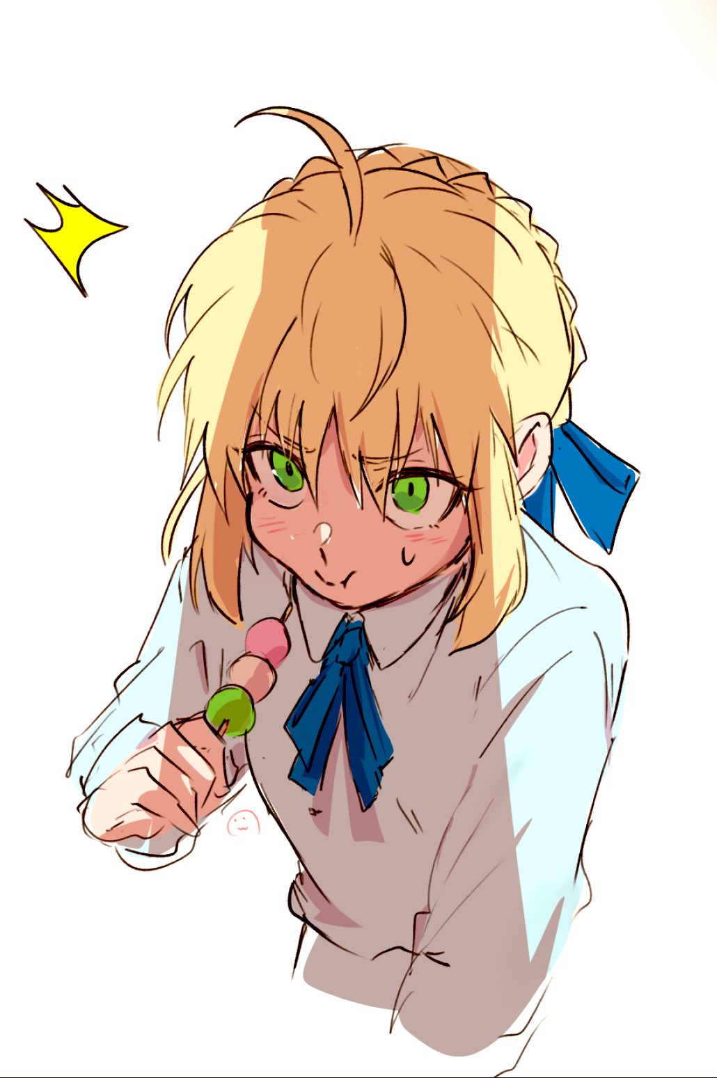 1girl, ^^^, ahoge, artoria_pendragon_(fate), blonde_hair, blue_bow, blue_ribbon, blush