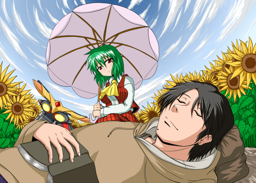 black_hair, blush, book, breasts, crossover, fisheye, flower, flower_field