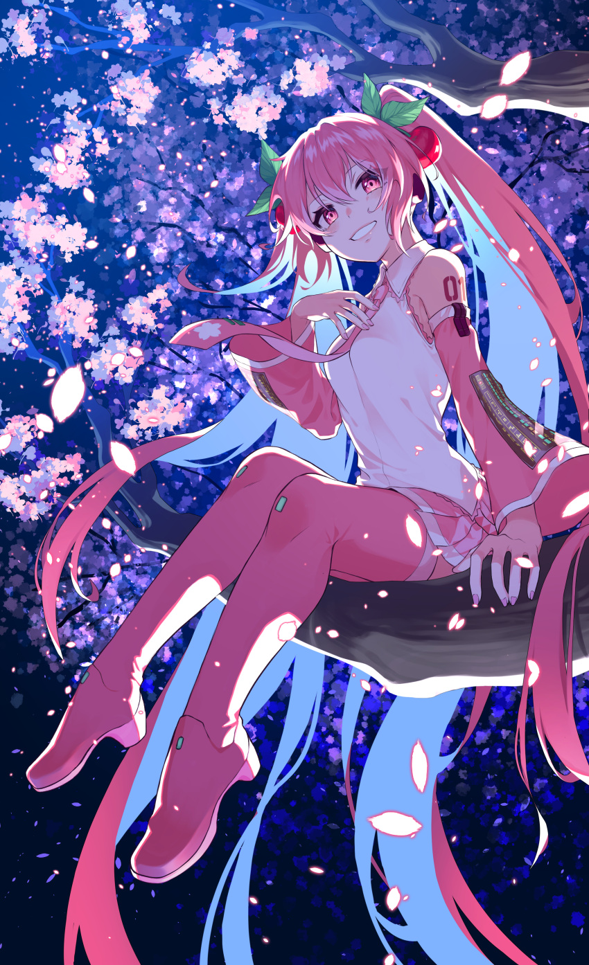 1girl, absurdres, bird, blush, branch, breasts, cherry_blossoms, cherry_hair_ornament, collared_shirt, commentary_request, detached_sleeves, fingernails, floral_print, flower, food-themed_hair_ornament, full_body, gomimusi_go_go, hair_between_eyes, hair_ornament, hatsune_miku, headphones, highres, long_hair, long_sleeves, looking_at_viewer, medium_breasts, miniskirt, nail_polish, necktie, night, official_alternate_costume, open_mouth, pink_eyes, pink_flower, pink_hair, pink_nails, pink_necktie, pink_skirt, pleated_skirt, sakura_miku, shirt, sitting, sitting_on_branch, skirt, sleeveless, sleeveless_shirt, solo, spring_(season), tie_clip, twintails, very_long_hair, vocaloid, white_trim, wide_sleeves