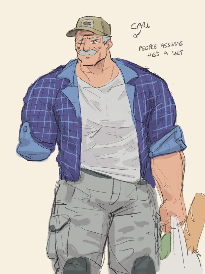 1boy, amputee, bag, baseball_cap, bread, cargo_pants, character_name, conquest_(invincible)