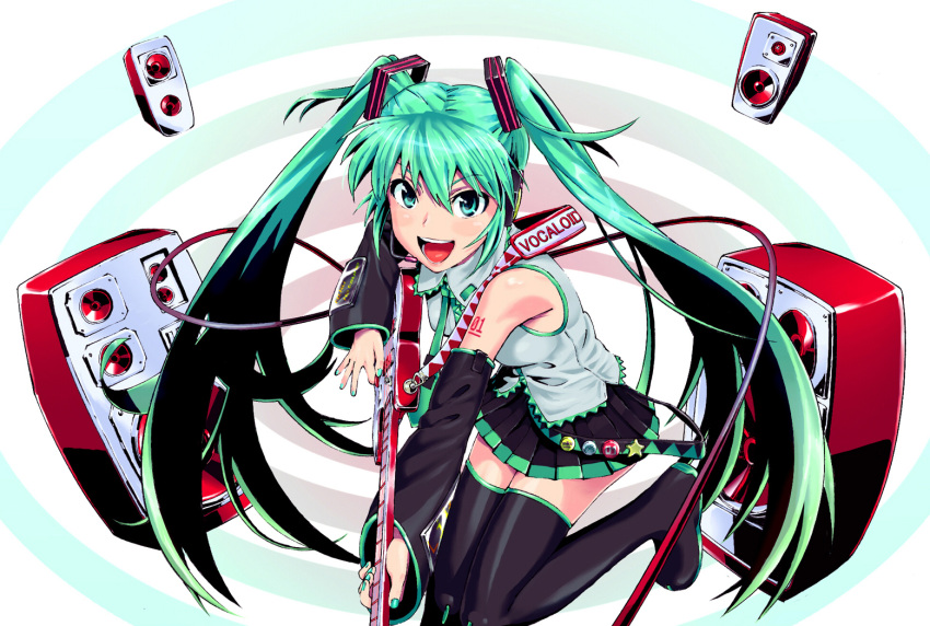 >:), >:d, detached_sleeves, green_eyes, green_hair, guitar, happy, hatsune_miku, instrument, jibon, jumping, long_hair, open_mouth, smile, speaker, twintails, very_long_hair, vocaloid