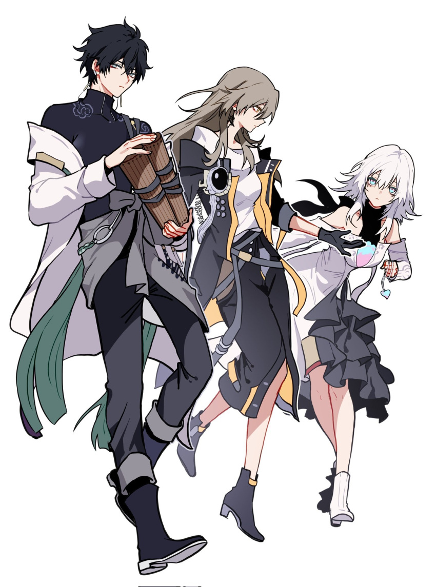 1boy, 2girls, alternate_costume, black_hair, commentary_request, dan_heng_(honkai:_star_rail), earrings, eileen_(honkai:_star_rail), expressionless, frills, full_body, gloves, green_eyes, grey_hair, hair_between_eyes, highres, holding, honkai:_star_rail, honkai_(series), jacket, jewelry, long_hair, long_skirt, multicolored_eyes, multiple_girls, off_shoulder, pants, platform_heels, shoes, short_hair, simple_background, skirt, stelle_(honkai:_star_rail), strap, tassel, trailblazer_(honkai:_star_rail), turtleneck, two-tone_eyes, white_hair, yellow_eyes, yuelinpanp98413